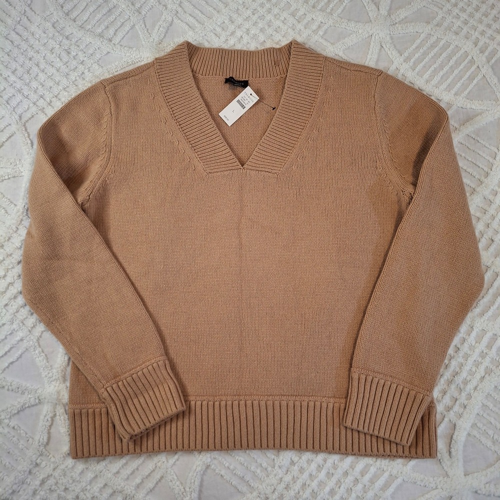 Talbots Womens Large V-Neck Sweater Camel Tan Cotton Wool Blend Pullover NWT